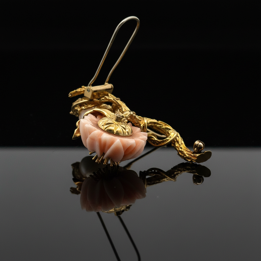 Circa 1960's Italian Angel Skin Coral and Diamond 18kt. Yellow Gold Brooch
