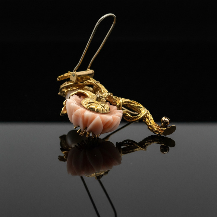 Circa 1960's Italian Angel Skin Coral and Diamond 18kt. Yellow Gold Brooch