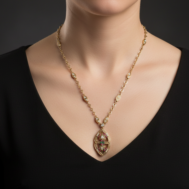 Estate Of Major Riddle aka Mr. Las Vegas Diamond, Ruby and Emerald 18k Yellow Gold 35" Necklace
