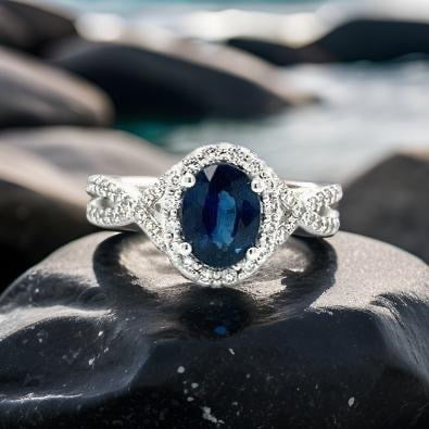 HMA Creations 1.62 carat Sapphire and Diamond 14K White Gold Halo Ring