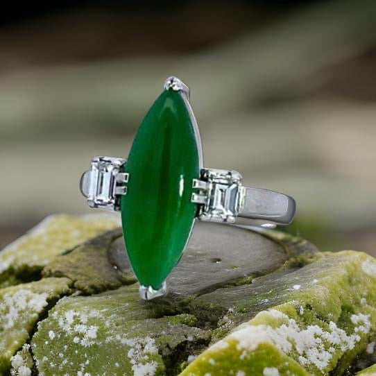 Estate 18 x 6 mm Jade Diamond Platinum Ring 14199