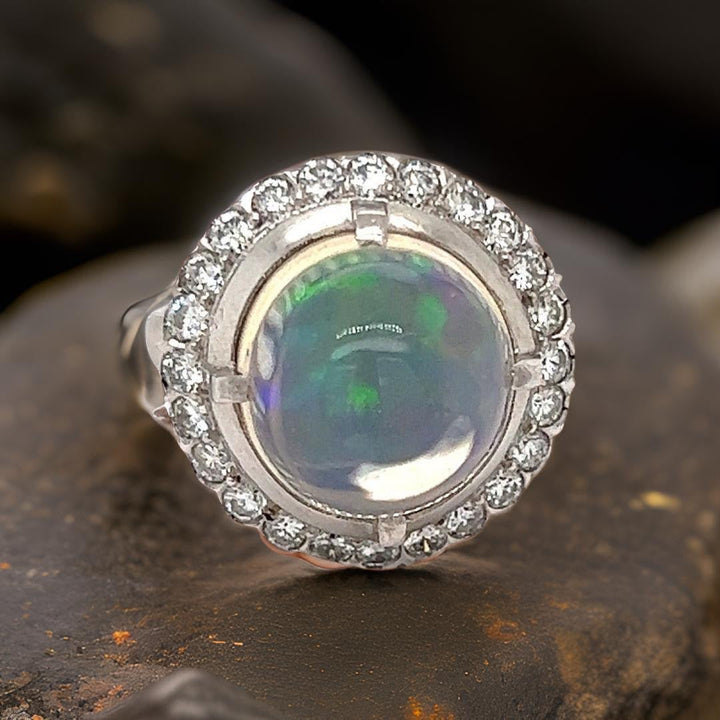 Opal and Diamond Platinum Halo Ring