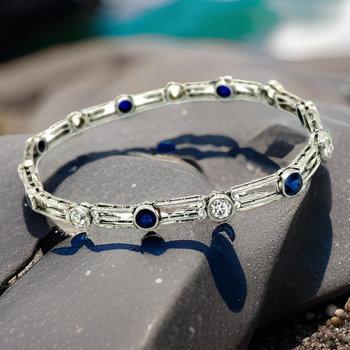 Estate Art Deco 2.65 cttw Old European Cut Diamond 2.00 cttw Sapphire Platinum Bracelet 14101