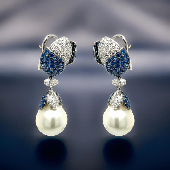 15.76-15.88mm South Sea Pearl, Diamond, Sapphire and 18K White Gold Dangle Earrings