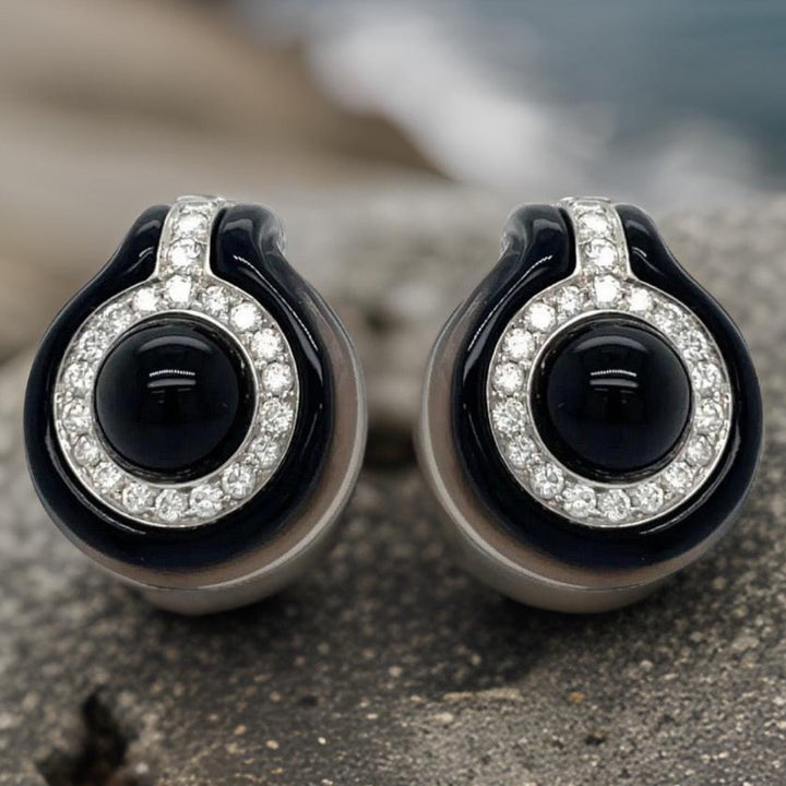 Onyx, Diamond and 18K Yellow Gold Earrings
