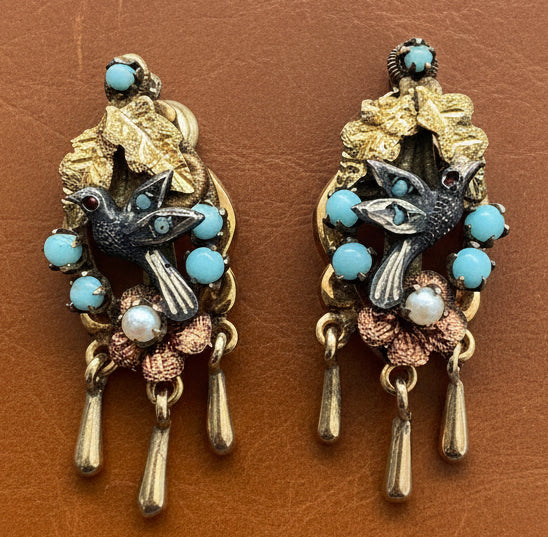 Victorian Revival Turquoise, Cultured Pearl 14K Yellow/Rose Gold and Pewter Pendant, Brooch and Earring Set