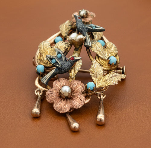 Victorian Revival Turquoise, Cultured Pearl 14K Yellow/Rose Gold and Pewter Pendant, Brooch and Earring Set