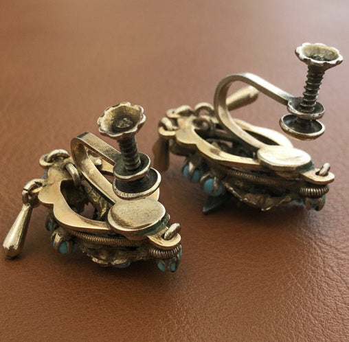 Victorian Revival Turquoise, Cultured Pearl 14K Yellow/Rose Gold and Pewter Pendant, Brooch and Earring Set