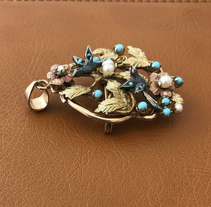 Victorian Revival Turquoise, Cultured Pearl 14K Yellow/Rose Gold and Pewter Pendant, Brooch and Earring Set