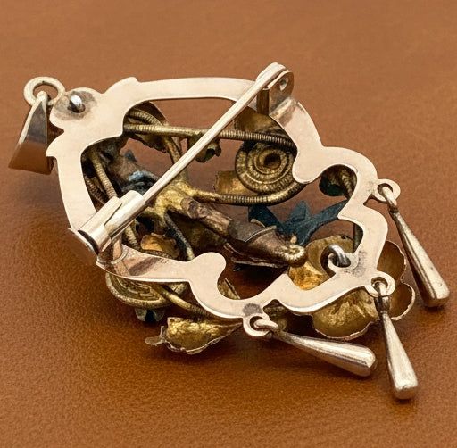 Victorian Revival Turquoise, Cultured Pearl 14K Yellow/Rose Gold and Pewter Pendant, Brooch and Earring Set