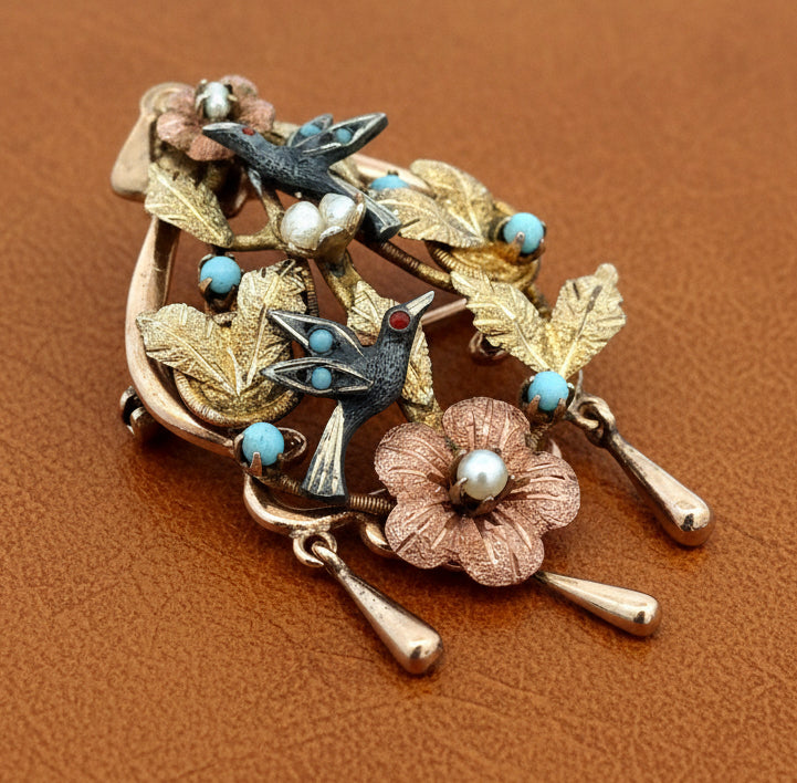 Victorian Revival Turquoise, Cultured Pearl 14K Yellow/Rose Gold and Pewter Pendant, Brooch and Earring Set