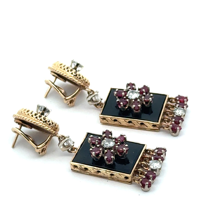 Vintage Diamond Ruby and Onyx Custom Made 14K Yellow/White Gold Earring