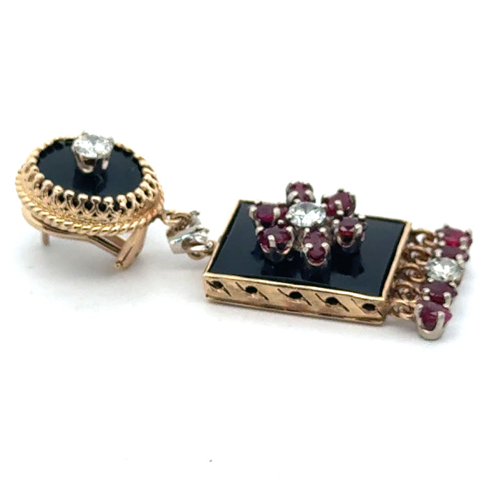 Vintage Diamond Ruby and Onyx Custom Made 14K Yellow/White Gold Earring