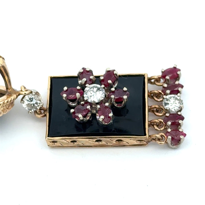 Vintage Diamond Ruby and Onyx Custom Made 14K Yellow/White Gold Earring