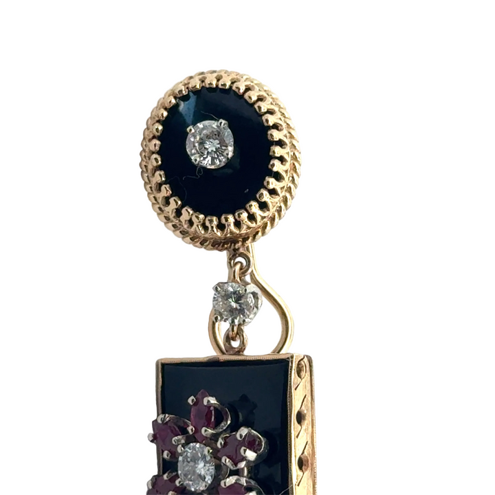 Vintage Diamond Ruby and Onyx Custom Made 14K Yellow/White Gold Earring