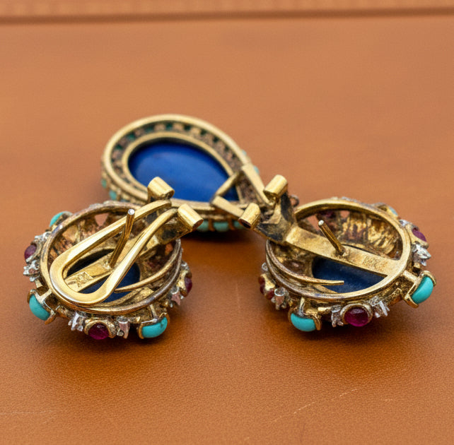 Vintage 1960's Lapis, Turquoise, Diamond, Ruby 14K Yellow/White Gold Detachable Dangle Earrings