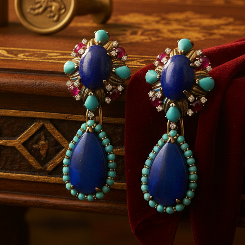 Vintage 1960's Lapis, Turquoise, Diamond, Ruby 14K Yellow/White Gold Detachable Dangle Earrings