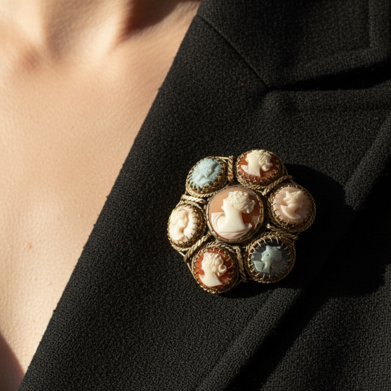 Vintage Italian Multi Carved Cameo 14K Yellow Gold Pendant Brooch