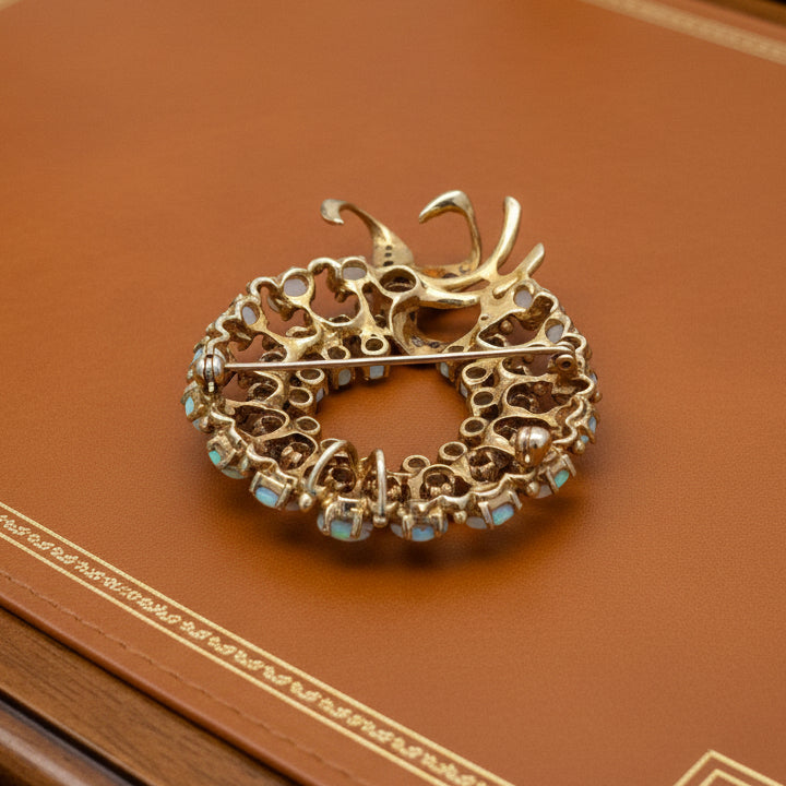 Vintage Opal and Diamond Wreath 14K Yellow Gold Pendant/Brooch