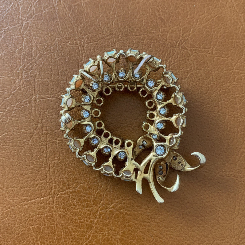 Vintage Opal and Diamond Wreath 14K Yellow Gold Pendant/Brooch