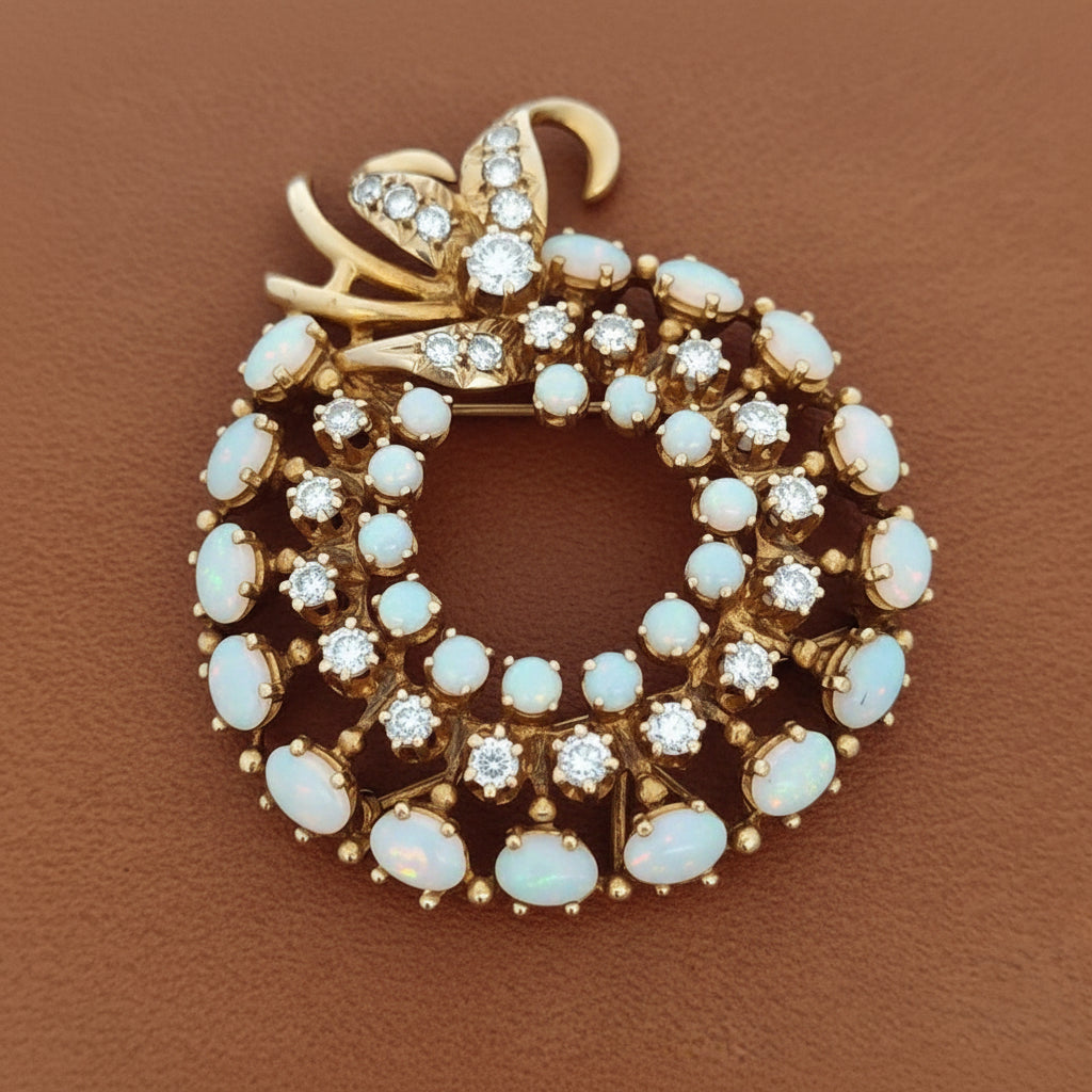 Vintage Opal and Diamond Wreath 14K Yellow Gold Pendant/Brooch