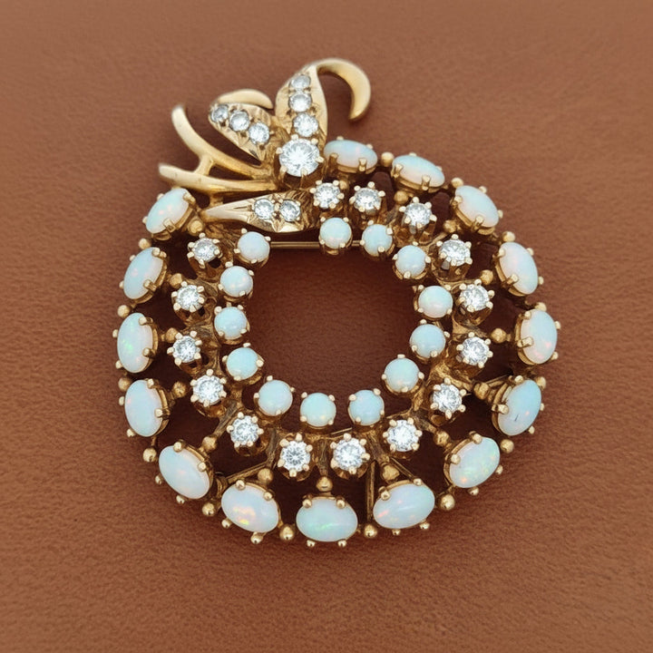 Vintage Opal and Diamond Wreath 14K Yellow Gold Pendant/Brooch