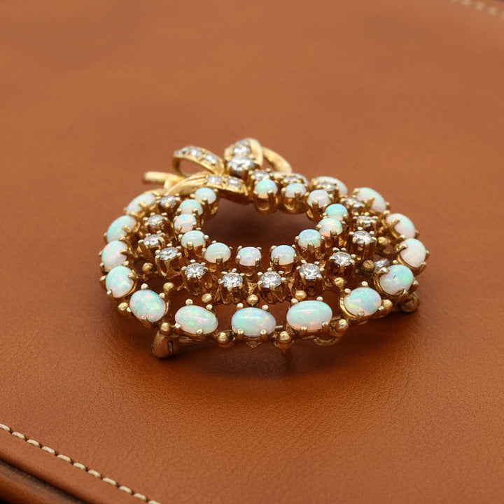 Vintage Opal and Diamond Wreath 14K Yellow Gold Pendant/Brooch