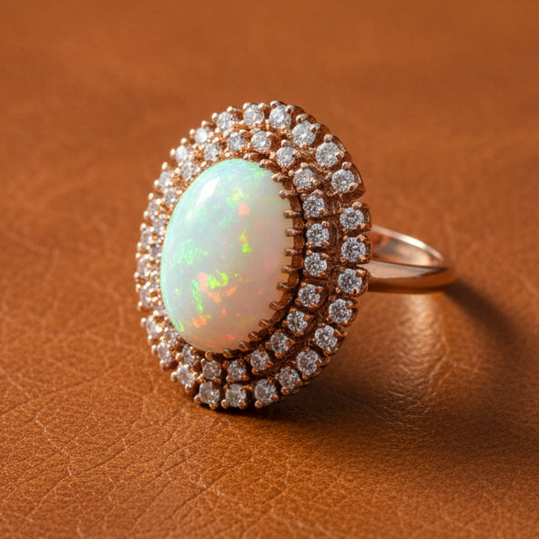 Vintage 1980's Opal and Diamond 14K Yellow Gold Ring