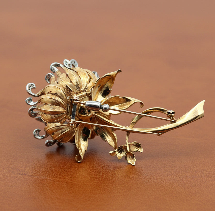 Vintage Italian "En Tremblant" Moving Petals Diamond and 14k/18k Yellow/White Gold Flower Brooch
