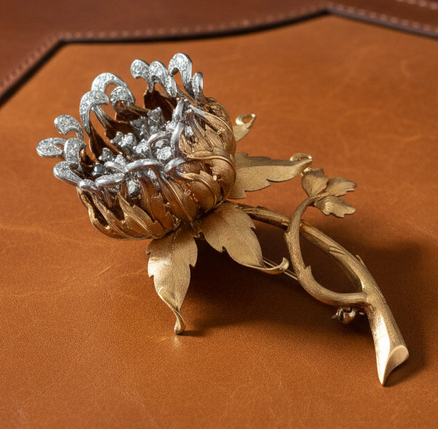 Vintage Italian "En Tremblant" Moving Petals Diamond and 14k/18k Yellow/White Gold Flower Brooch