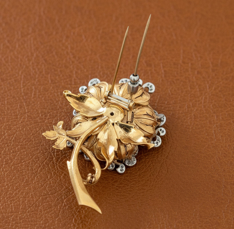 Vintage Italian "En Tremblant" Moving Petals Diamond and 14k/18k Yellow/White Gold Flower Brooch