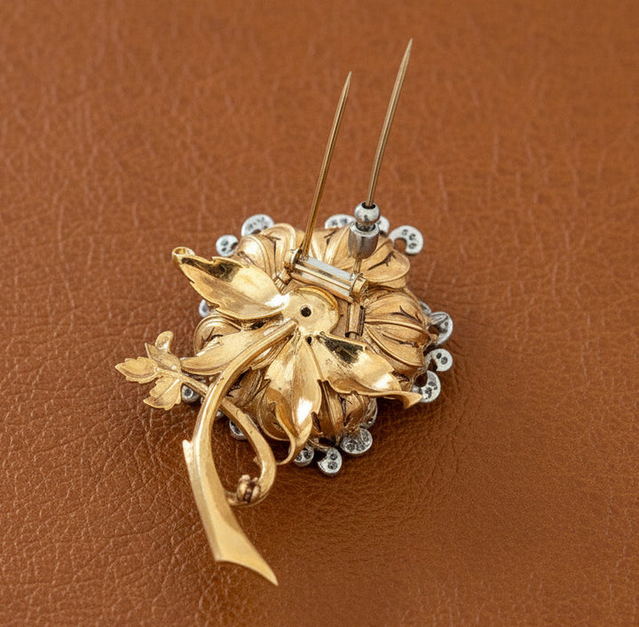 Vintage Italian "En Tremblant" Moving Petals Diamond and 14k/18k Yellow/White Gold Flower Brooch