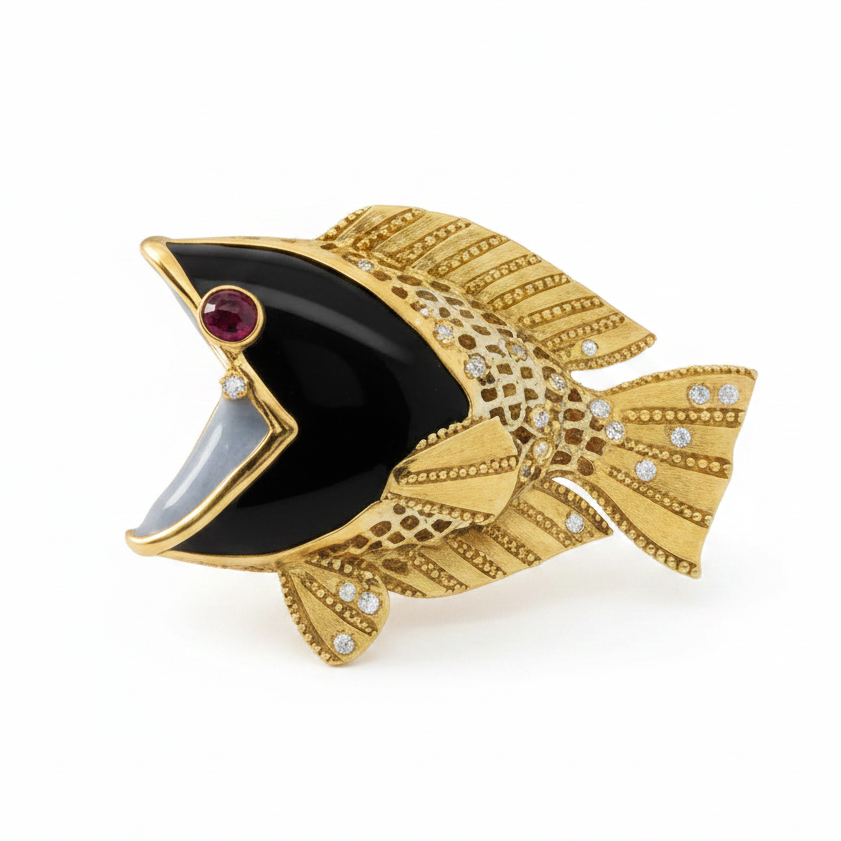 Modern Custom Made In Vicenza, Italy Onyx, Ruby, Diamond 18k Yellow Gold Pendant/Brooch