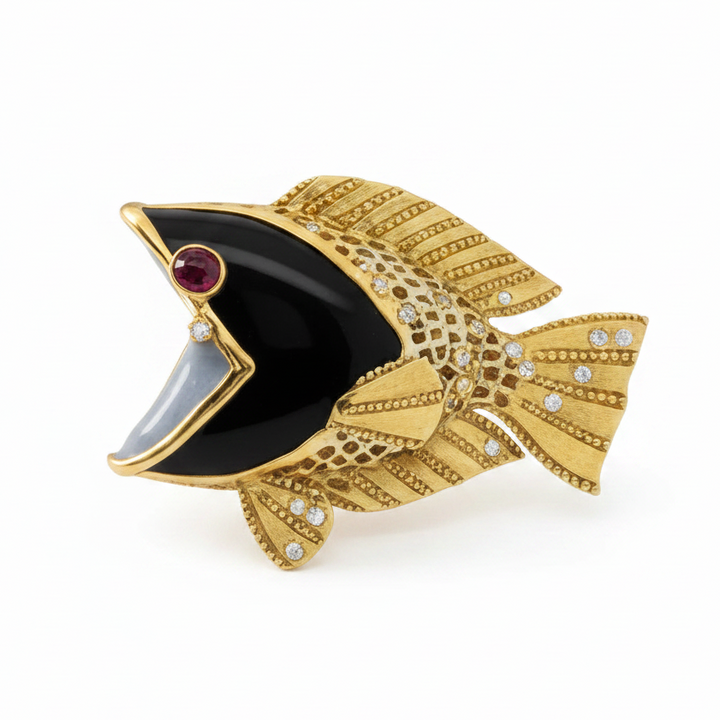 Modern Custom Made In Vicenza, Italy Onyx, Ruby, Diamond 18k Yellow Gold Pendant/Brooch