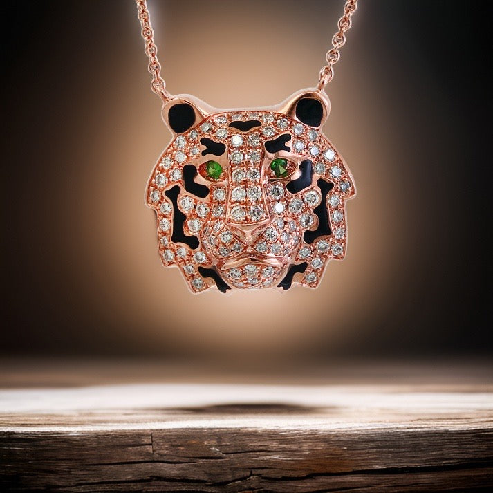 Effy Diamond, Tsavorite, Black Enamel and 14K Rose Gold Tiger Necklace