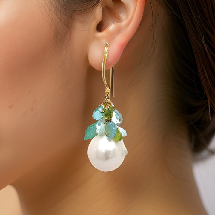 South Sea Pearl Semi Precious Dangle 14K Yellow Earrings