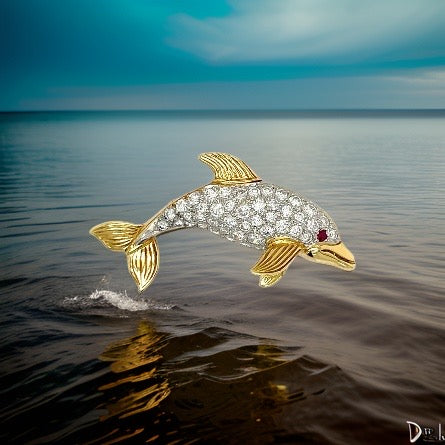 Diamond Platinum/18K Yellow Gold Dolphin Brooch