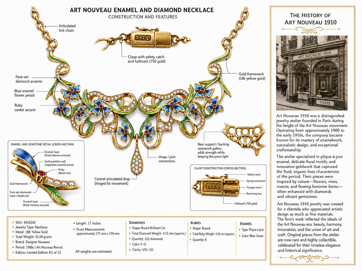 Designer Art Nouveau 1910 Diamond Ruby and Plique-a-Jour 18kt Yellow Gold Necklace -Limited Edition #2 of 12
