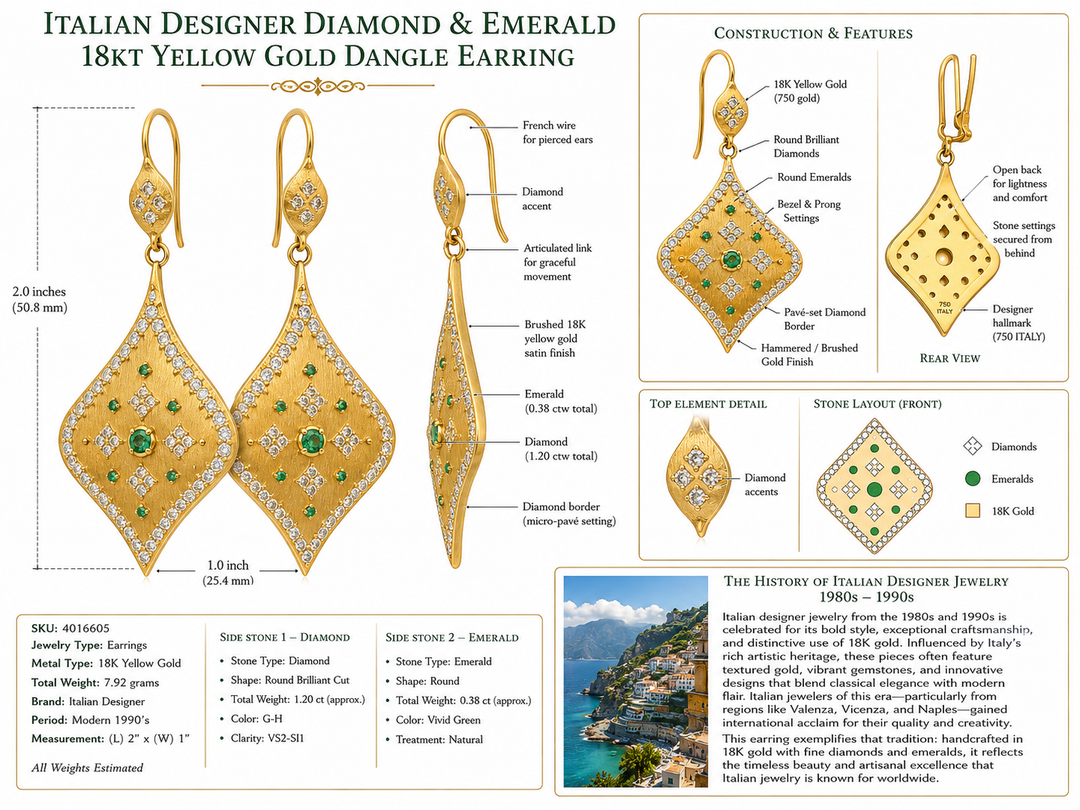 Italian Designer Diamond & Emerald 18Kt Yellow Gold Dangle Earring