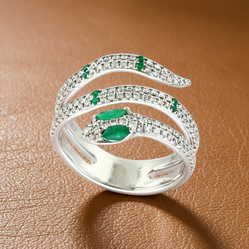 Effy Diamond and Emerald 14K White Gold Snake Ring