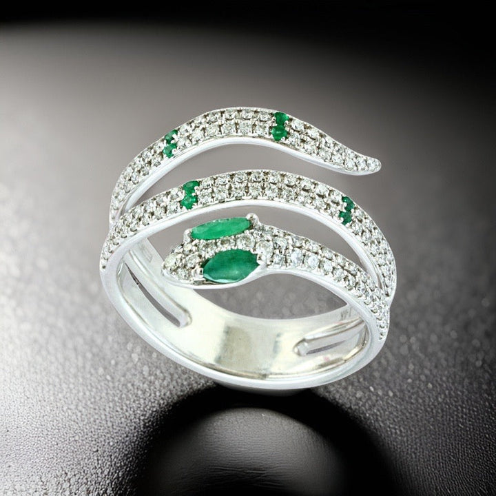 Effy Diamond and Emerald 14K White Gold Snake Ring