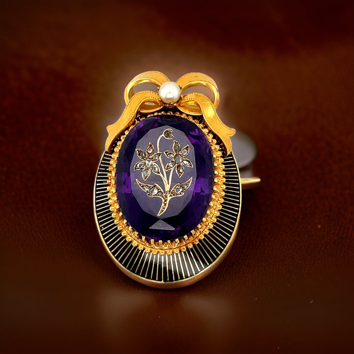 Circa 1890's Amethyst, Pearl, Diamond and 18K Yellow Gold Pendant/Brooch