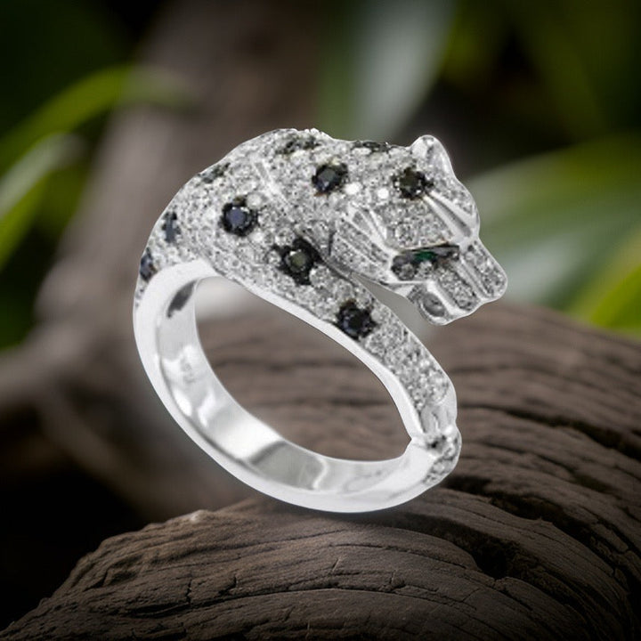 Efft White and Black Diamond, Emerald and 14K White Gold Panther Ring