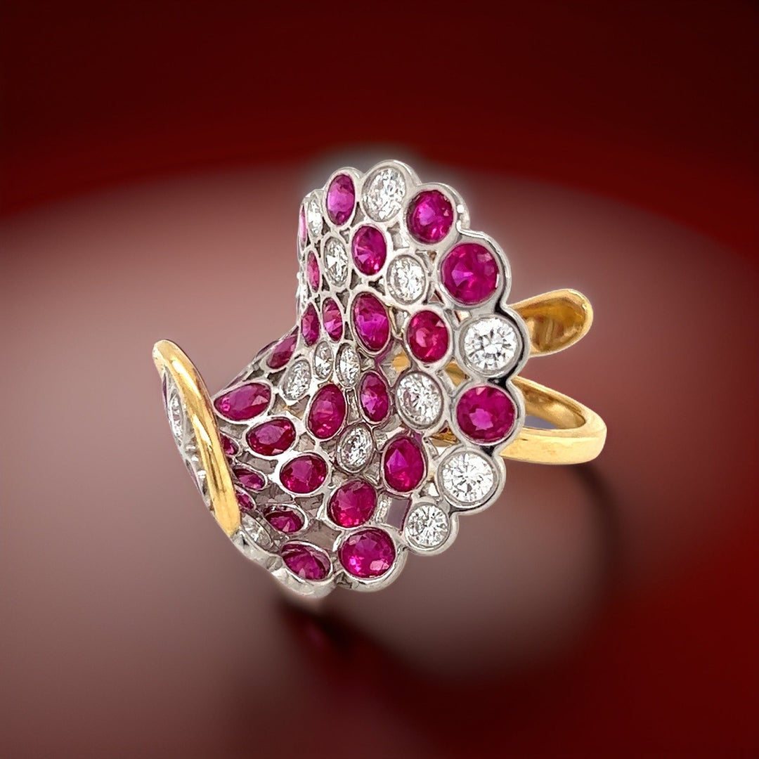 Italian Designer Ruby, Diamond and 18K White and Yellow Gold Ring