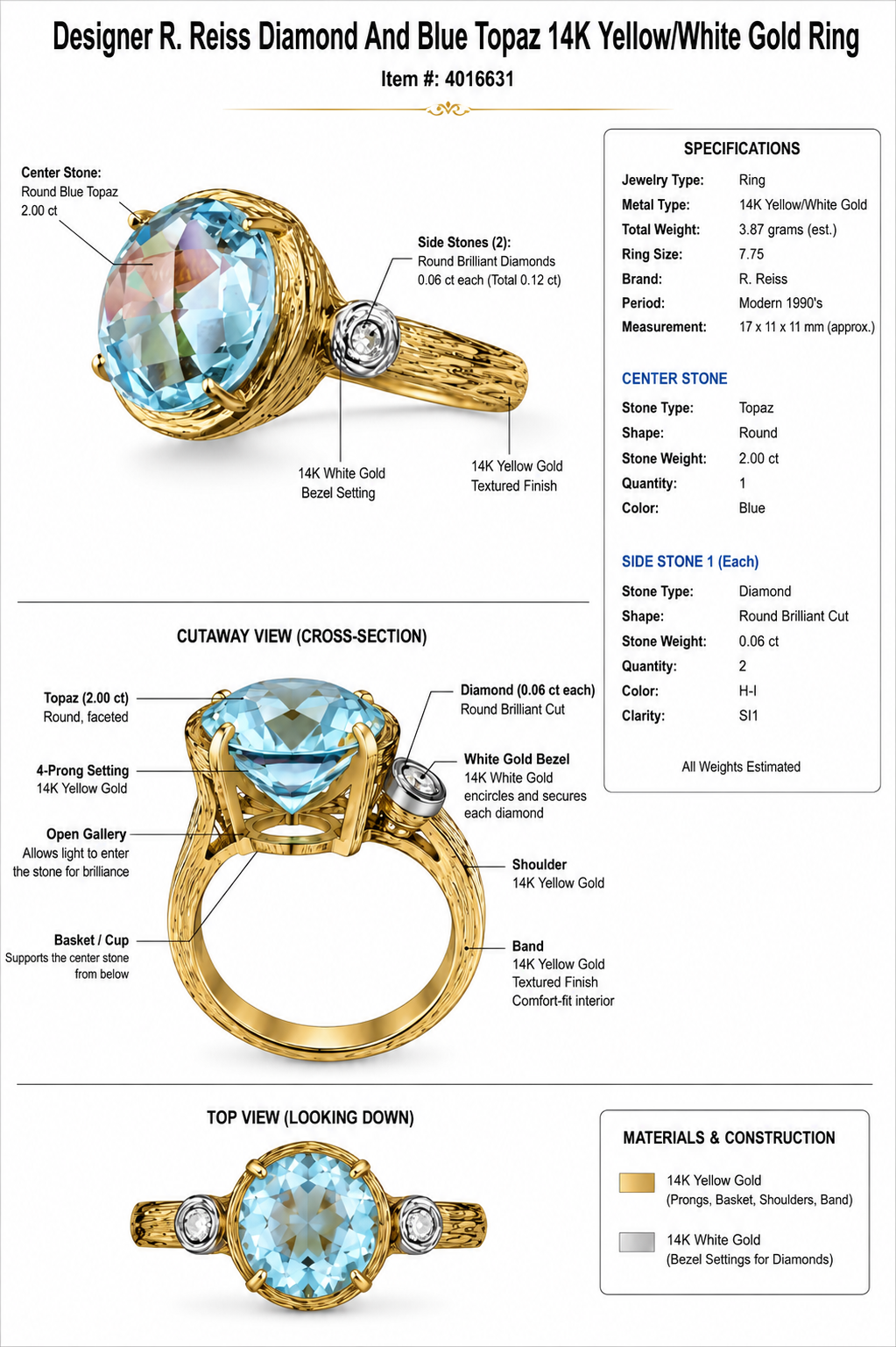 Designer R. Reiss Diamond and Blue Topaz 14K Yellow/White Gold Ring