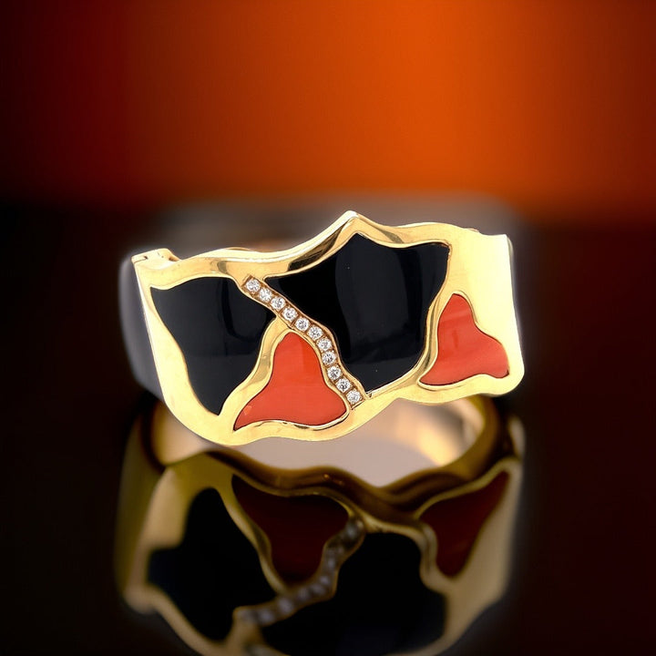 Italian Diamond Coral and Onyx 18K Yellow Gold Bangle