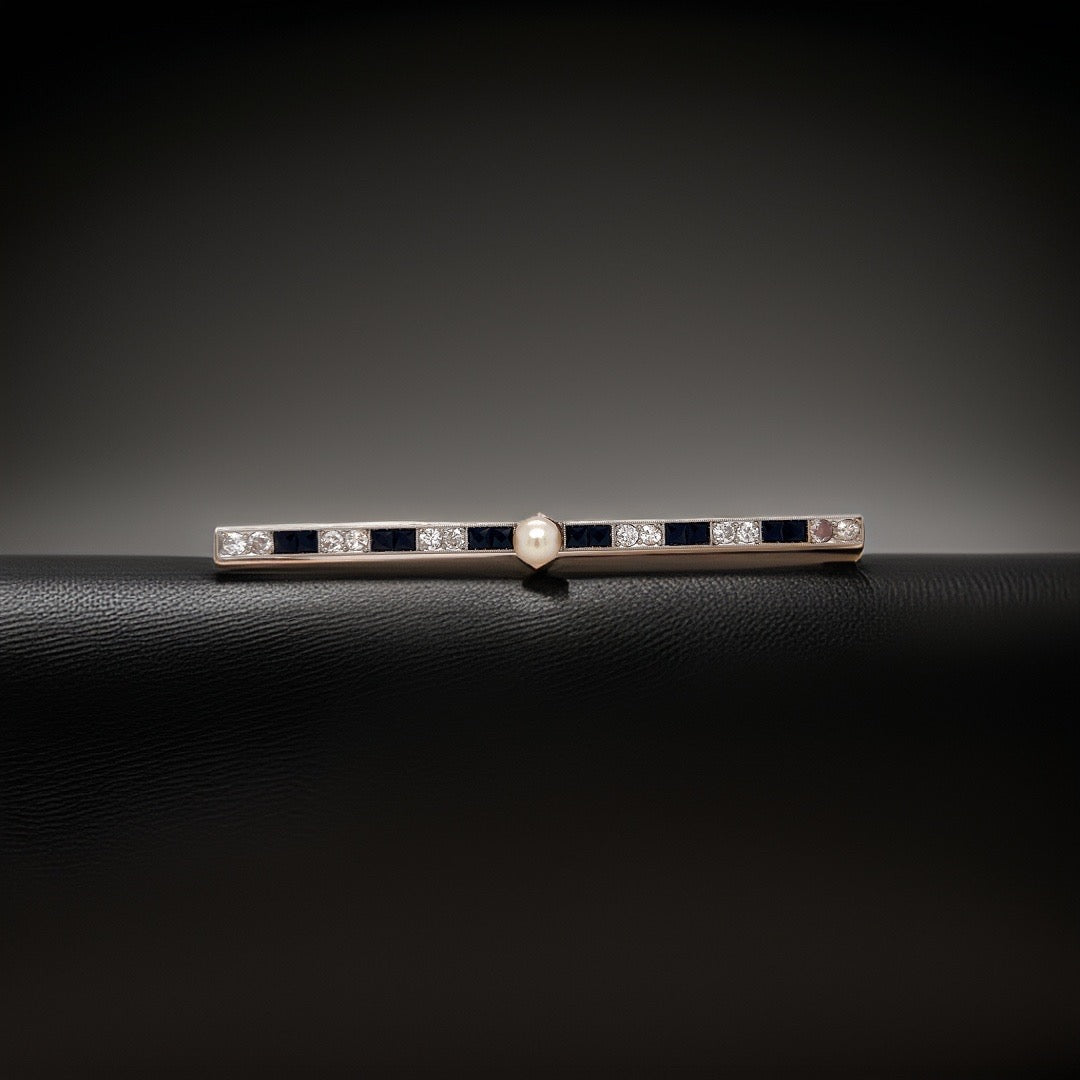 Diamond, Sapphire and Pearl 18K Yellow Gold Brooch