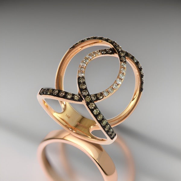 Effy Brown and White Diamond and 14K Rose Gold Interlock Ring
