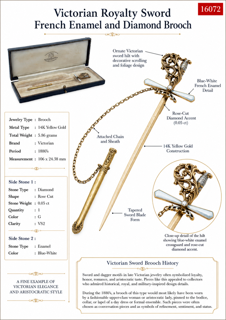 Victorian Royalty Sword French Enamel and Diamond Brooch
