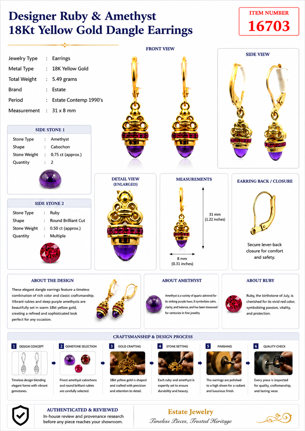 Designer Ruby & Amethyst 18Kt Yellow Gold Dangle Earrings